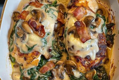 Thumbnail for Smothered Chicken with Creamed Spinach, Bacon, and Mushrooms