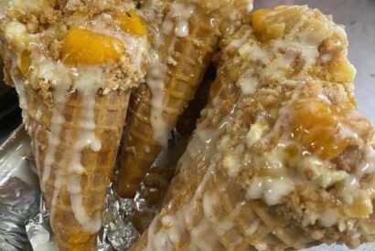 Thumbnail for Peach Cobbler Cheesecake Cones Recipe